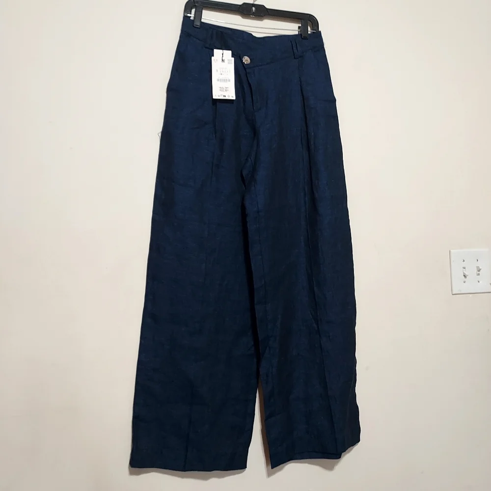 Zara 100% Linen Indigo Wide-Leg Wrap Front Pants And Pleats Detail Sz-S